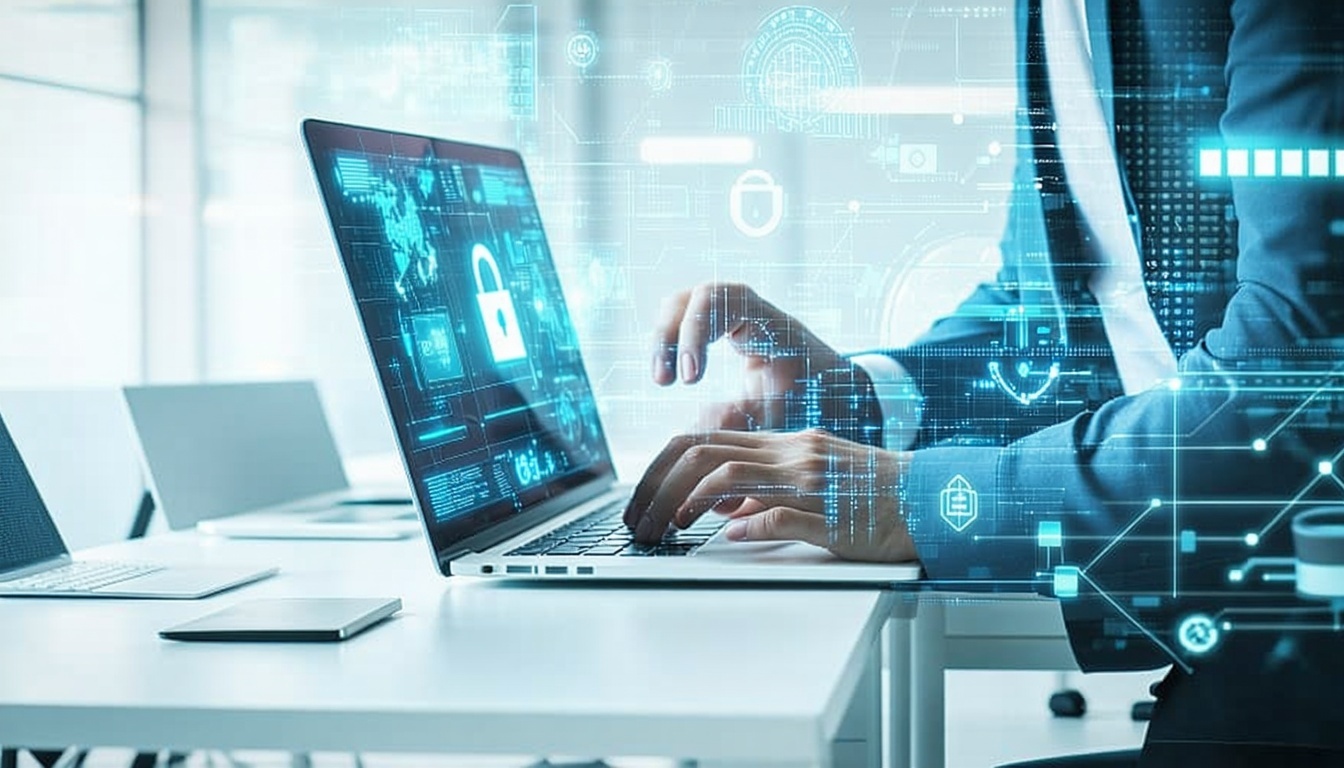 Close up of hands typing on laptop in a modern office environment. Person is dressed in a shirt implying a business environment and the laptop screen is displaying a padlock and other graphics associated with digital data and cyber security