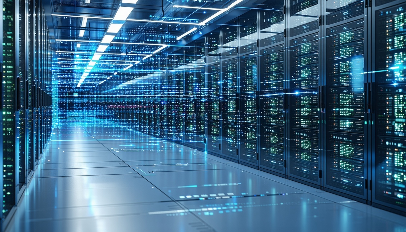 long corridor lined with servers, like a data centre for cloud storage