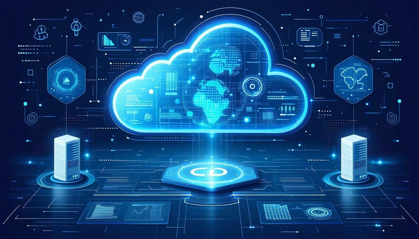 CGI of a cloud shape in a space style background surrounded by images of different endpoints, digital data and computer chips