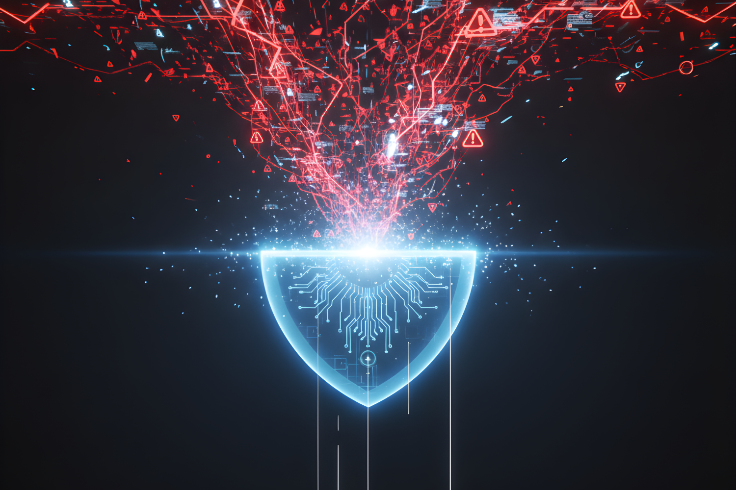 Futuristic tech illustration showing a blue glowing shield being consumed by red noise. It is supposed to illustrate the effects of alert fatigue.